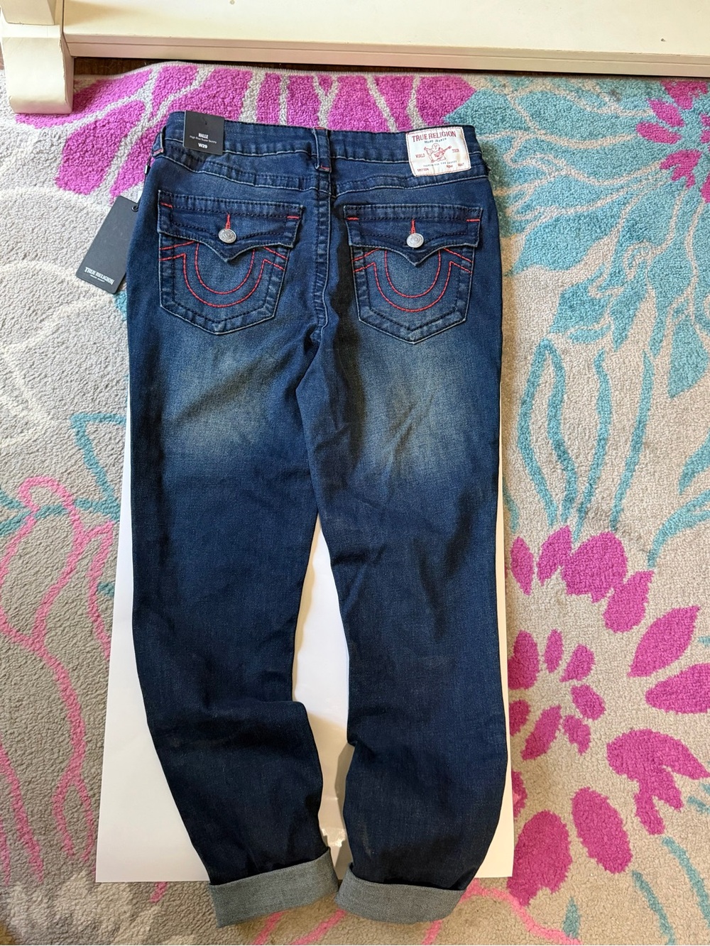 True Religion Dark Blue Skinny Jeans with Red Stitching